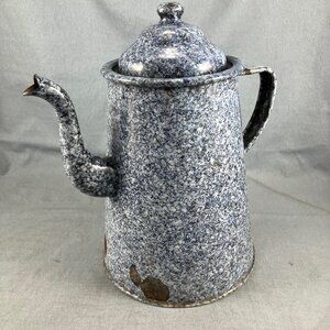 Antique Enamel Gooseneck Coffee Pot Vtg Decor 10" Medium blue color MARBLED!